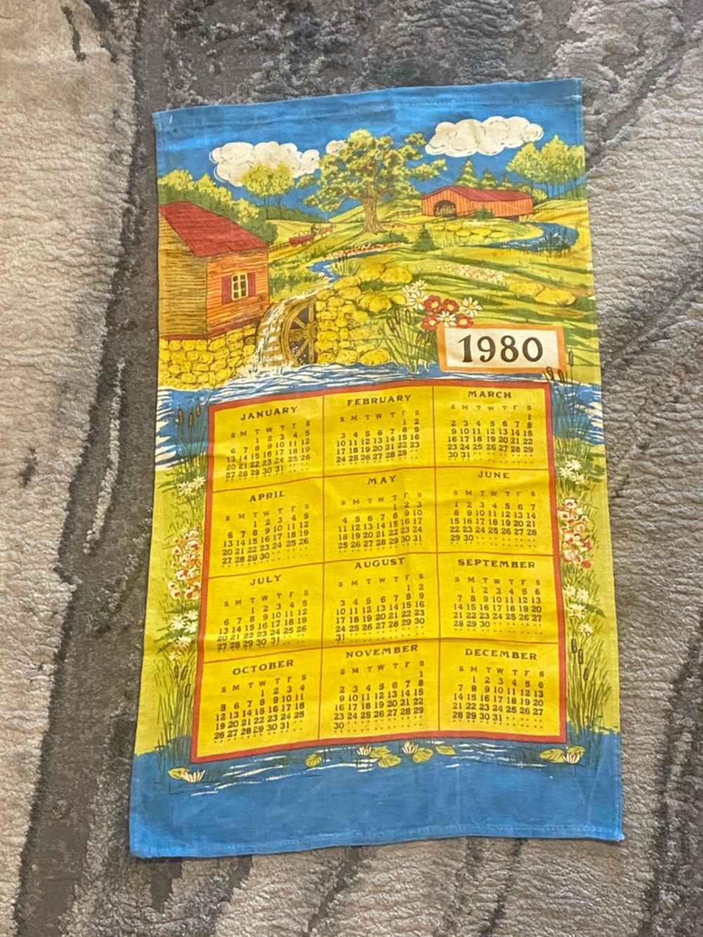 Vintage 1980 linen blend Calendar tea towel vibrant  colors Country Scene